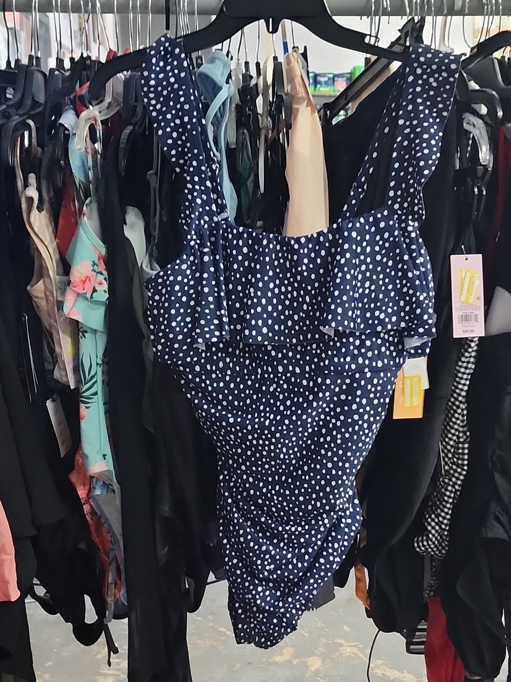 $48 MSRP Navy Blue Polka Dot Ruffle One-Piece Swimsuit
